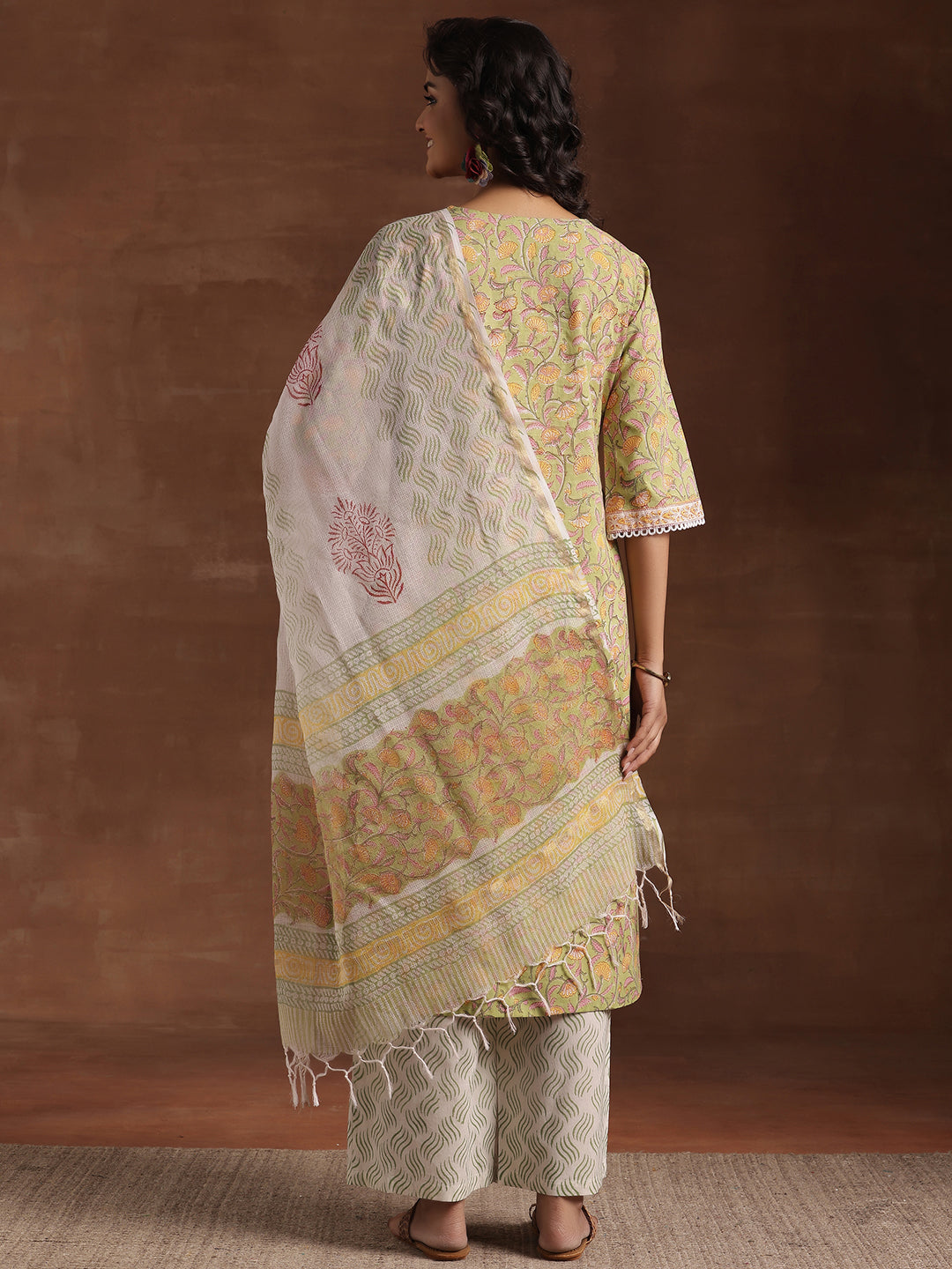 Green Printed Cotton Straight Suit With Dupatta