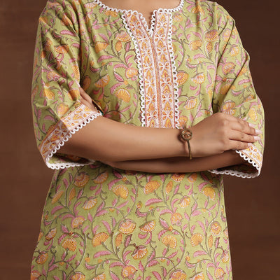 Green Printed Cotton Straight Suit With Dupatta