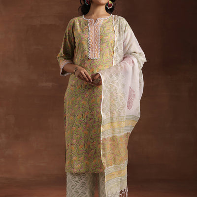 Green Printed Cotton Straight Suit With Dupatta