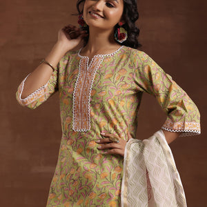 Green Printed Cotton Straight Suit With Dupatta