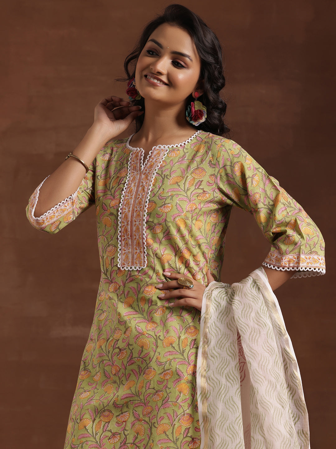 Green Printed Cotton Straight Suit With Dupatta