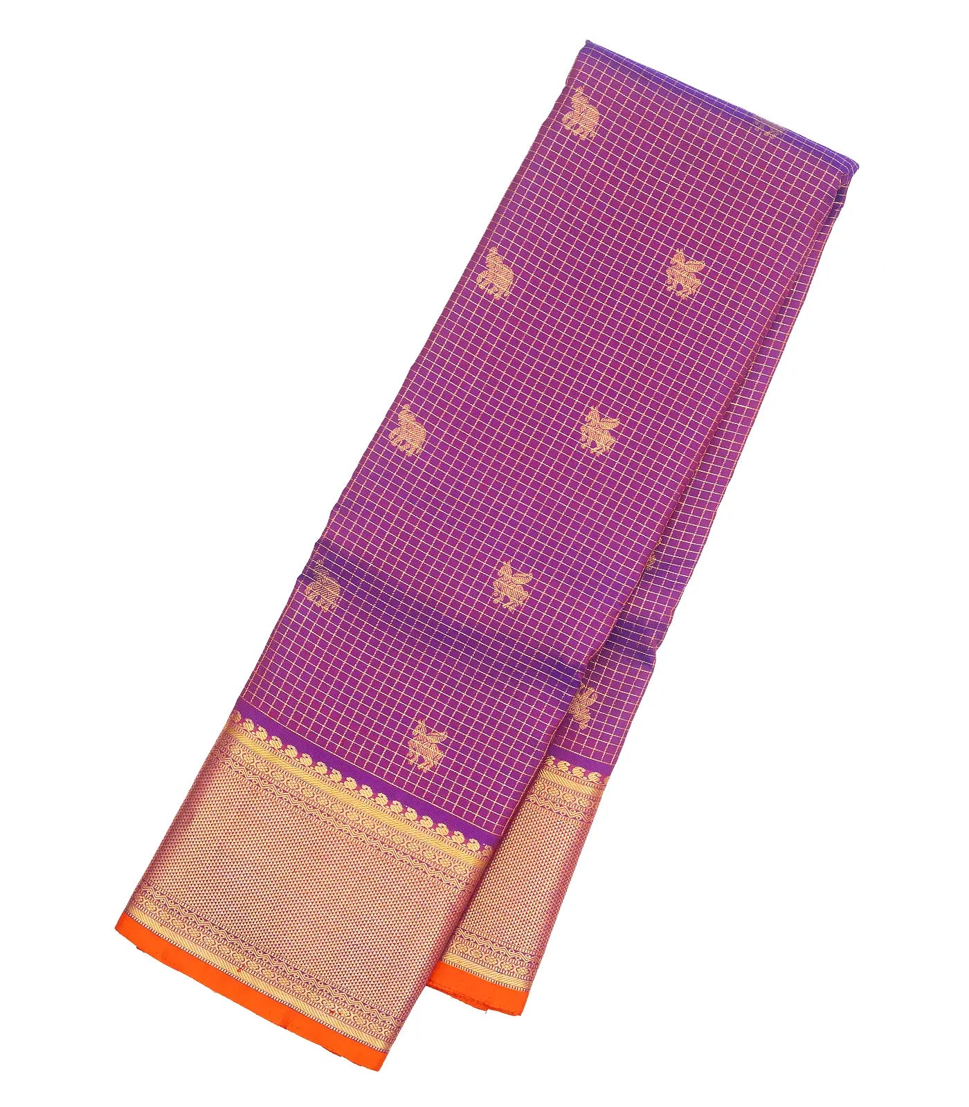 Purple Handloom Kanchipuram Silk Saree With Checks & Buttas