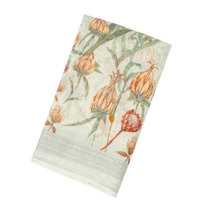 Off White Handloom Linen Saree With Printed Bird Motifs