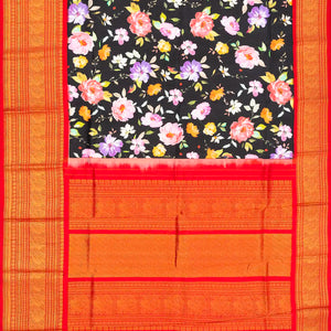 Black Handloom Kanchipuram Korvai Silk Saree Printed With Flower Motifs