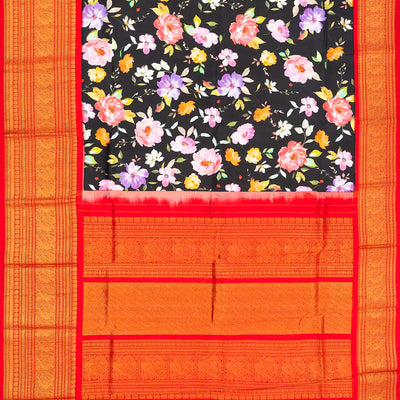 Black Handloom Kanchipuram Korvai Silk Saree Printed With Flower Motifs