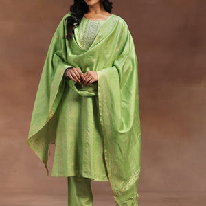 Green Woven Design Chanderi Silk Straight Suit With Dupatta