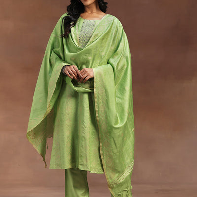 Green Woven Design Chanderi Silk Straight Suit With Dupatta