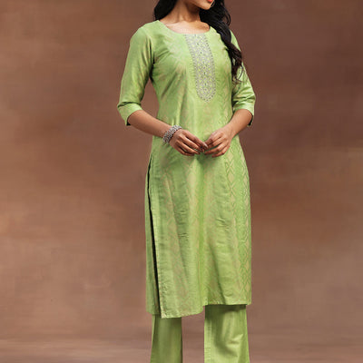 Green Woven Design Chanderi Silk Straight Suit With Dupatta