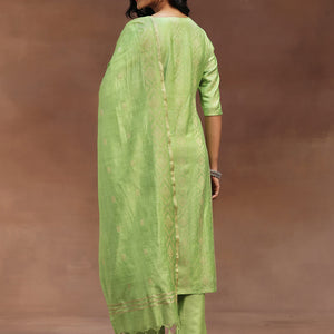 Green Woven Design Chanderi Silk Straight Suit With Dupatta