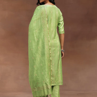 Green Woven Design Chanderi Silk Straight Suit With Dupatta