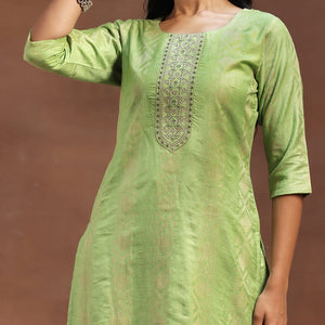 Green Woven Design Chanderi Silk Straight Suit With Dupatta