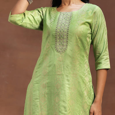 Green Woven Design Chanderi Silk Straight Suit With Dupatta