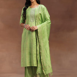 Green Woven Design Chanderi Silk Straight Suit With Dupatta