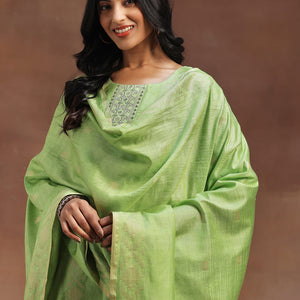 Green Woven Design Chanderi Silk Straight Suit With Dupatta