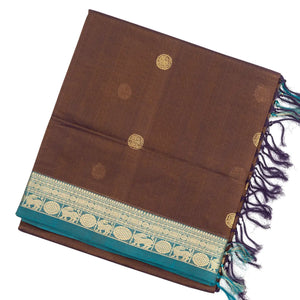 Dark Brown Handloom Silk Cotton Saree With Yazhi Buttas