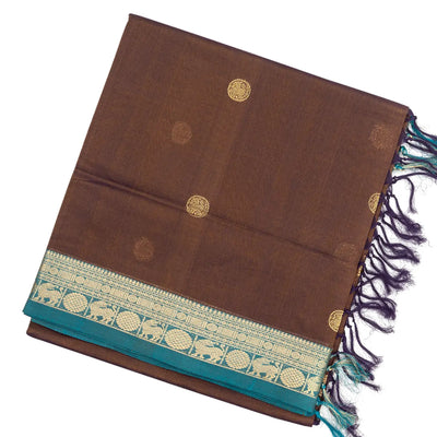 Dark Brown Handloom Silk Cotton Saree With Yazhi Buttas