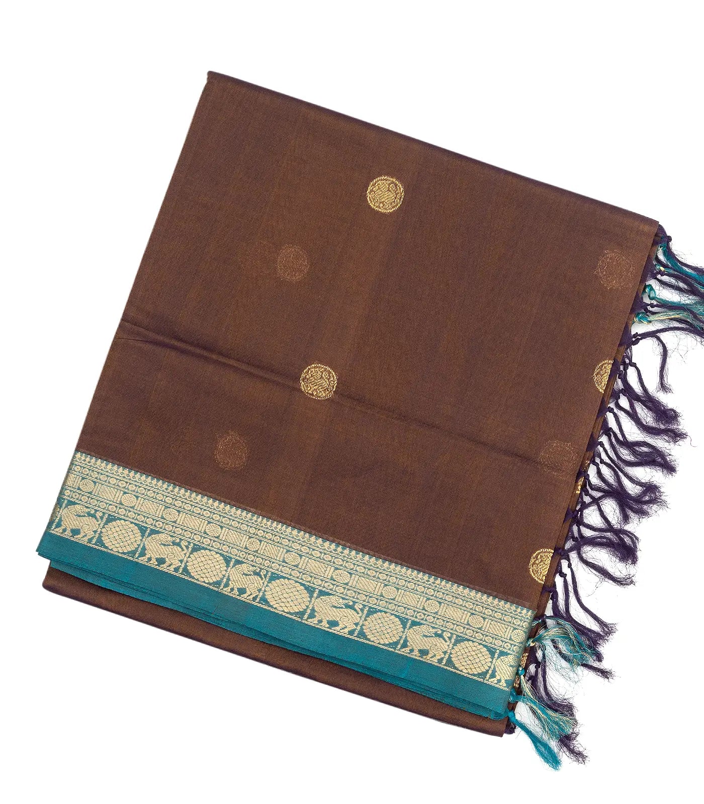 Dark Brown Handloom Silk Cotton Saree With Yazhi Buttas