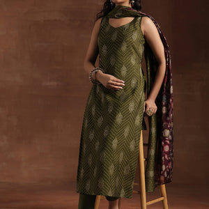 Green Printed Silk Blend Straight Suit With Dupatta