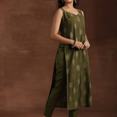Green Printed Silk Blend Straight Suit With Dupatta