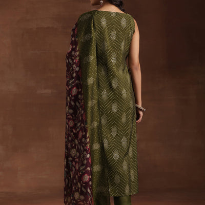 Green Printed Silk Blend Straight Suit With Dupatta
