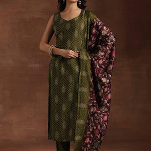 Green Printed Silk Blend Straight Suit With Dupatta