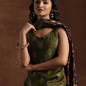 Green Printed Silk Blend Straight Suit With Dupatta