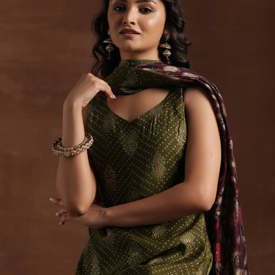 Green Printed Silk Blend Straight Suit With Dupatta