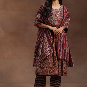 Burgundy Printed Silk Blend A-Line Kurta With Trousers & Dupatta