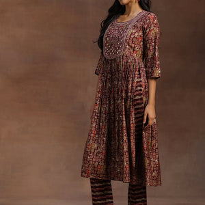 Burgundy Printed Silk Blend A-Line Kurta With Trousers & Dupatta