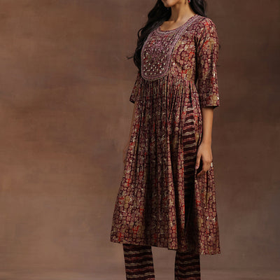 Burgundy Printed Silk Blend A-Line Kurta With Trousers & Dupatta