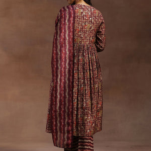 Burgundy Printed Silk Blend A-Line Kurta With Trousers & Dupatta