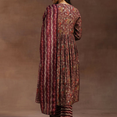 Burgundy Printed Silk Blend A-Line Kurta With Trousers & Dupatta