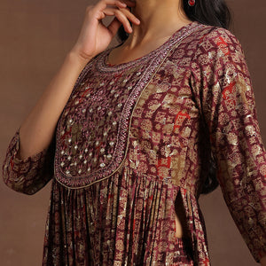 Burgundy Printed Silk Blend A-Line Kurta With Trousers & Dupatta