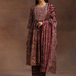 Burgundy Printed Silk Blend A-Line Kurta With Trousers & Dupatta
