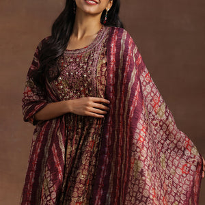 Burgundy Printed Silk Blend A-Line Kurta With Trousers & Dupatta