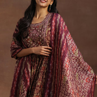 Burgundy Printed Silk Blend A-Line Kurta With Trousers & Dupatta