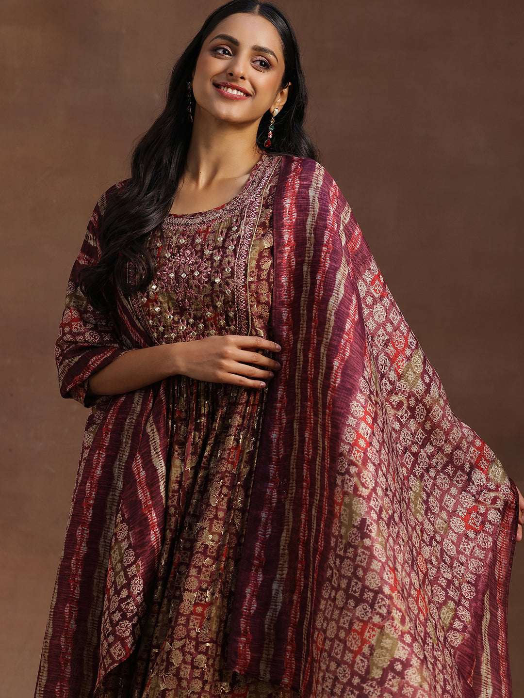 Burgundy Printed Silk Blend A-Line Kurta With Trousers & Dupatta