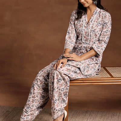 Grey Printed Cotton Straight Kurta Set