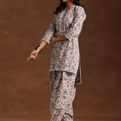 Grey Printed Cotton Straight Kurta Set