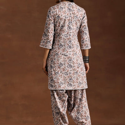 Grey Printed Cotton Straight Kurta Set