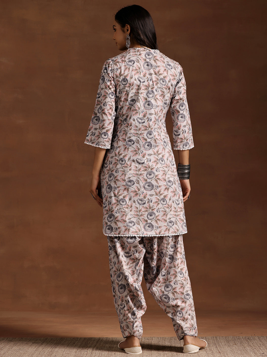 Grey Printed Cotton Straight Kurta Set