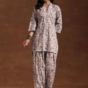 Grey Printed Cotton Straight Kurta Set