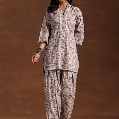 Grey Printed Cotton Straight Kurta Set