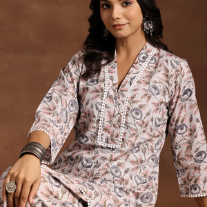 Grey Printed Cotton Straight Kurta Set