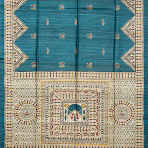Indigo Handloom Tussar Silk Saree With Printed Tribal Motifs