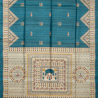 Indigo Handloom Tussar Silk Saree With Printed Tribal Motifs