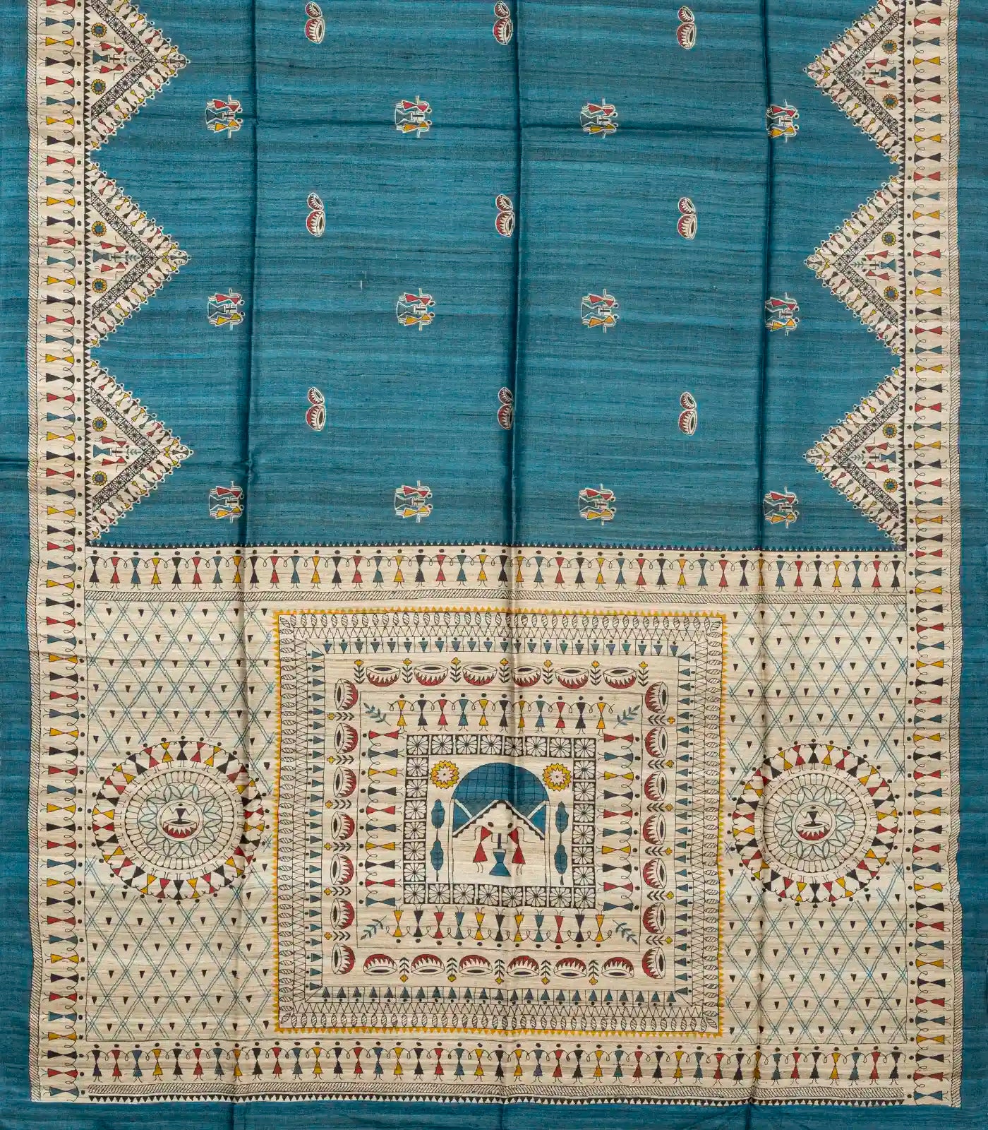 Indigo Handloom Tussar Silk Saree With Printed Tribal Motifs