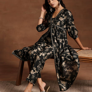 Green Printed Silk Blend A-line Kurta With Trousers