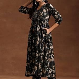 Green Printed Silk Blend A-line Kurta With Trousers