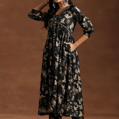 Green Printed Silk Blend A-line Kurta With Trousers